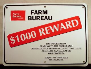 NOS New Old Stock Sign Farm Bureau 1000 Reward This Property Tennessee 