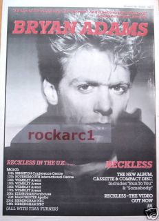 Bryan Adams Reckless Tour 1985 RARE Poster Size Advert