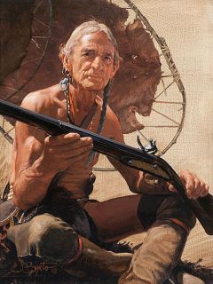 John Buxton HOW MANY BEAVER? giclee canvas, Native American Flintlock 