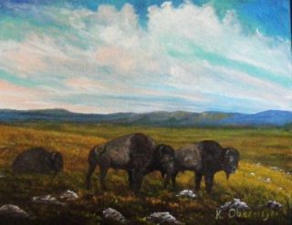Original Buffalo Bison Prairie Landscape Painting Acrylic on Canvas 
