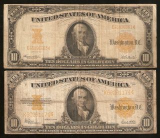 set of 2 1907 1922 $10 Ten Dollar Gold Certificate Currency Notes Rare 