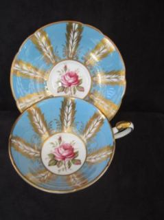 Blue Dore Gold Gilded Victorian Quill Plume Panels Paragon Cup Saucer 
