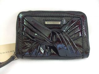 Burberry Burnham Black Patent Leather Coin Card Zip Wallet Pouch NWT