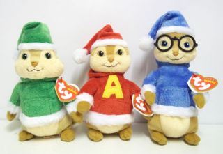 Set of 3 Ty Beanie Theodore Simon Alvin and The Chipmunks Christmas 