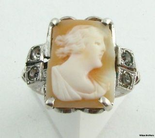 Cameo Ring   Genuine Carved Shell Rhinestone Accents Sterling Silver 