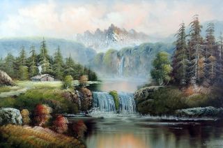 Mountain Cabin Home River Lake Fishing Hunting 24x36 Stretched Oil 