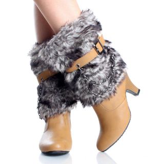 Womens Winter Boots Snow Mukluk Mid Calf Chain Camel Chunky High Heels 