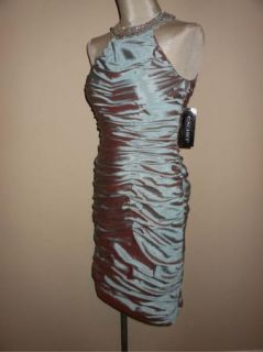 Cachet Ruched Taffeta Jeweled Neck Cocktail Dress 4 $180 Silver Leaf 
