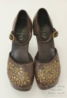 Calleen Cordero Brown Crackled Leather & Floral Embellished Mary Jane 
