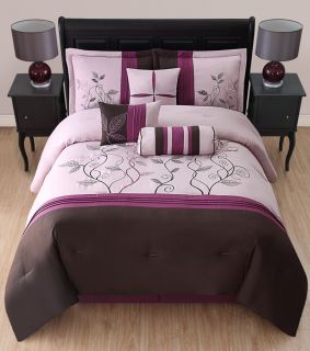 7Pcs King Candice Purple and Coffee Embroidered Comforter Set