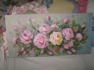 PINK ROSES OIL PAINTING CHIC DEWALD COTTAGE SHABBY ORIGINAL YARD LONG 