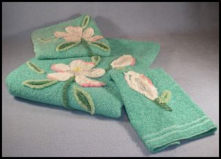 1950 Cannon Bath Towel Set of 3 w Chenille Floral Applique Aqua Free 