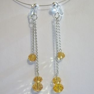 Clip on Champagne Faceted Glass Crystal 2 5 Dangle Earrings J321 