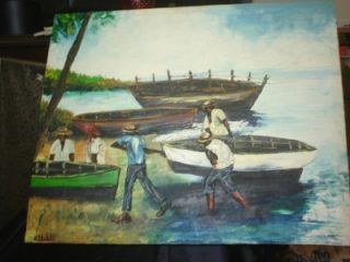   Vintage Oil Painting Island Scene Canoes and People Gorgeous
