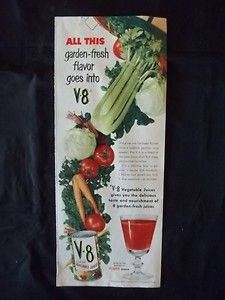 Vintage 1953 Campbells V8 Cocktail Vegetable Juice Ad Original 