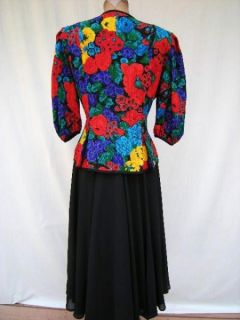 Vintage Carol M Studio 100 Silk Print Jacket Black Swing Skirt Dress 