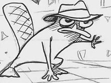 Pencil and ink line sketch of secret agent platypus, wearing a hat and 