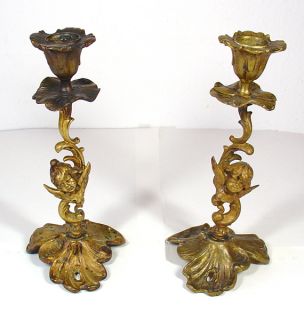 Cherubs Angels Cupid Candlesticks Gilt Brass Pair Vintage Antique 