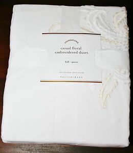 Pottery Barn Casual Embroidered Floral Duvet full queen white cream 