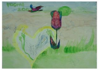 Flower & Bird painting known artist oil pastel on paper beautifully 