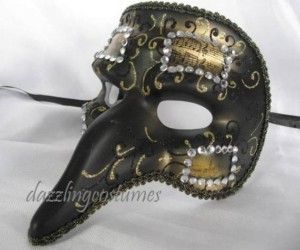 venetian music note mask casanova beak nose black gold gem antique 