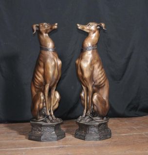 Pair Large Art Deco Bronze Greyhounds Dogs Statues Casting