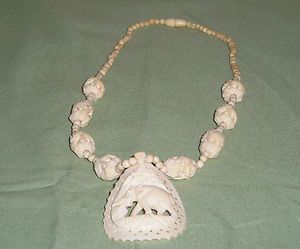 Vintage Antique Carved Faux Ivory Ox Bone Elephant Necklace