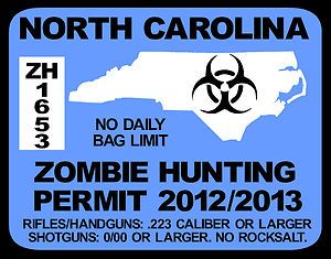 North Carolina Zombie Hunting License Permit Decal Window Sticker for 