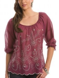 Guess Caroline Eyelet Embroidered Peasant Top Blouse Shirt Purple XS 1 