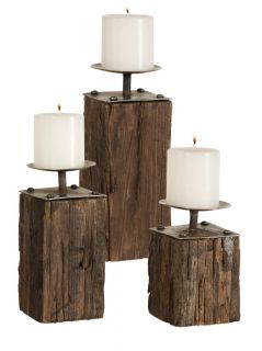 Rustic Lodge Style Candle Holders Set 3 Reclaimed Wood Metal 