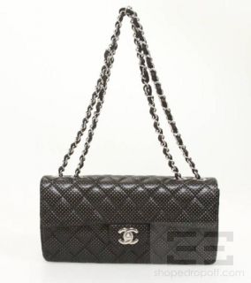 Chanel Classic Black Leather Perforated Quilted Handbag 07P W Box