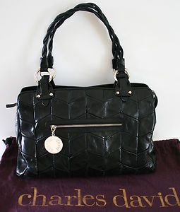 CHARLES DAVID Black Chevron Stitched Leather Bag Handbag Purse in Dust 