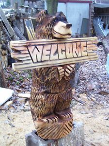 Chainsaw carving 32 BLACK BEAR with WELCOME sign forest rustic