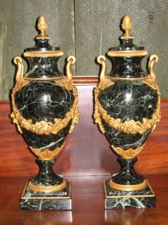 Fabulous Pair of French Gilt Bronze & Marble Cassolette Urns