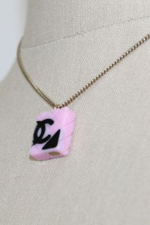 Authentic Chanel 05 Pink Black CC Logo Cambon Quilted Charm Necklace w 