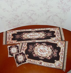 Dollhouse Miniature 4 Royal Deep Red and Gold Flowers Rugs Pillow Set 