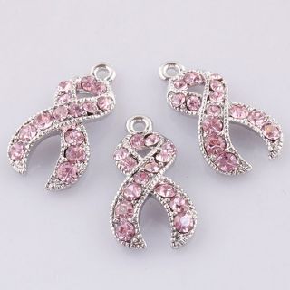   Wholesale Pink Crystal Breast Cancer Awareness Ribbon Findings Charms