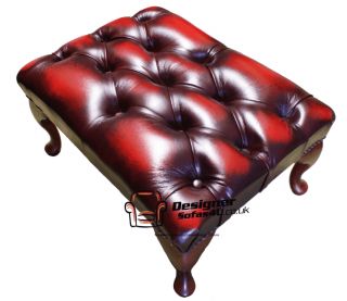 Chesterfield Queen Anne Leather Footstool Pouffe Antique Red Oxblood 
