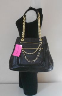 Betsey Johnson Handbag Black Leather Classy Quilted Tote Chain Zips 