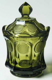 fostoria coin glass olive green candy dish with lid