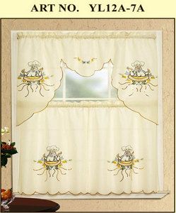 3pc Kitchen Curtain set beige embroidered fat chef drapes Cafe Tier 