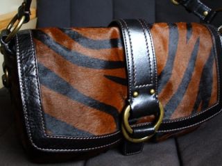 Coach Zebra Stripe Blk Brown Haircalf Field Pocket Tote Bag Purse 8A62 