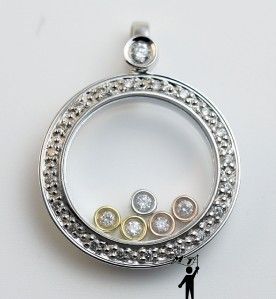   White Gold Floating Happy Diamond Circle Pendant Necklace 3 tone