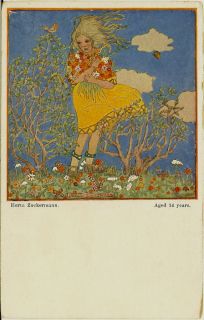 1915 Little Girl in Wind Trees Flowers Artist Signed Zuckermann Arts 