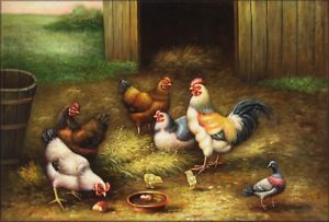 Museum Q Hand Painted Oil Painting Chickens and A Pigeon 24X36 