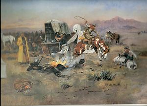 Charles M Russell Old West Cowboy Print Bronc in Cow Camp 1978