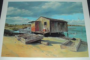 New 1977 Signed Bob Browne Chesapeake Bay 24x31 Print Beach Shack Cat 