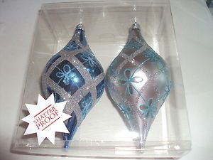 Ice Blue and Silver Christmas Ornaments Bulbs Glitter Flowers New 