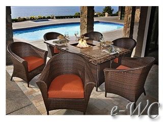 7pc Wicker Dining Firepit Patio Set w Marble Top