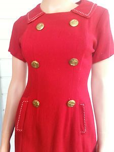 Vintage 1940/50s Red Felted Wool Dress w/ Sailor Buttons Hand 